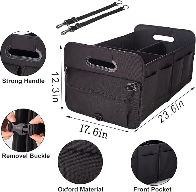 Trunk Organizer For Suv & Sedan,Car Organizers and Storage, Waterproof Collapsible & Adjustable Straps,70L Sturdy Car Organization for Car Accessories, Tools,Sundries,2-3 Compartment（Black