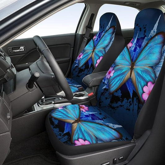 2 Pcs Premium Blue Butterflies Car Seat Cover, Breathable & Washable Car Seat Covers Full Sets, Fashionable Printed Seat Covers for Cars Interior, Universal Fit for Most Cars, Sedan, Truck, SUV