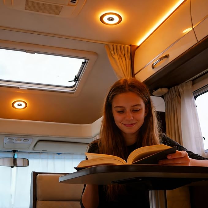 7.3 Inch 12 Volt LED Ceiling Dome Light, 720LM Dimmable Interior Light for RV Boat Camper Van Caravan Truck Motorhome Interior Lighting, Blue Light & Touch Switch(Warm White)