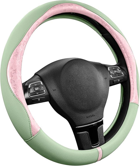 PIC AUTO Steering Wheel Cover, Pink Patterned & Green Leather Patchwork Design, Universal Fit 14.5"–15.5", Anti-Slip, Odor-Free, Soft PU Grain Leather, Durable Grip Car Accessory for Girls & Women