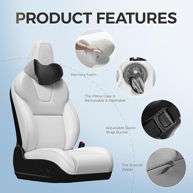 BEBAS Car Headrest Pillow, Ergonomic Neck Pillow with Memory Foam, Universal Car Head Rest Support for Driving Comfort, Breathable Removeable Seat Pillow for Pain Relief (Black, 1 Pack)