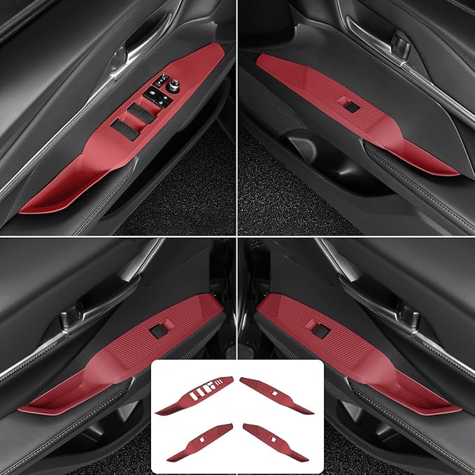 Temmis 4PCS Car Door Window Switch Panel Cover for Toyota Camry 2018-2025, Auto Interior Decor Accessories Armrest Trim Silicone Style Kit-Red (Seats Without Memory Function)