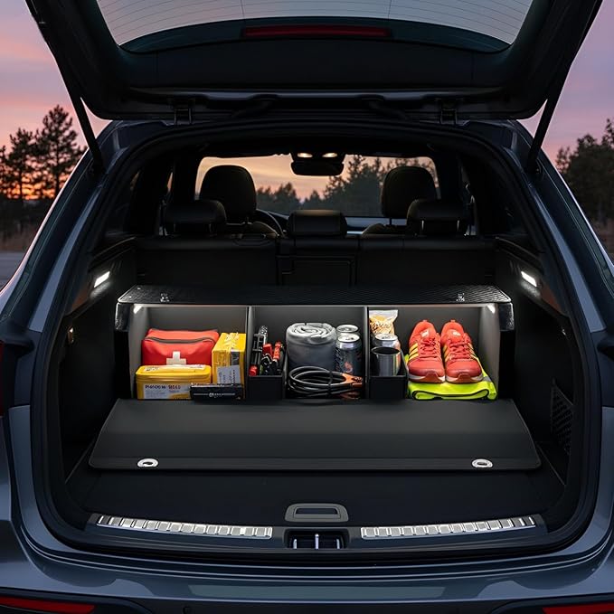 Car Trunk Organizers with LED Light, Waterproof Trunk Storage Organizer with Lid and Push-pull Handle, Sturdy SUV Trunk Storage Box Powered by 4 AA Batteries (Batteries Not Included) (42.12inch)