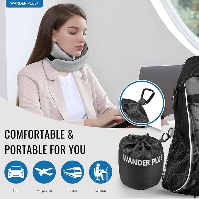 WANDER PLUS® 100% Pure Memory Foam Travel Neck Pillow Airplane Neck Support Ergonomic Design Best for Sleeping Plane Car Train Office Flight for Adults Max Sky Blue