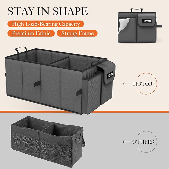 HOTOR Foldable Trunk Organizer - 2-Compartment 21.3"×12.6"×10.6" Grey SUV & Sedan Organizer for Accessories, Tools and Sundries