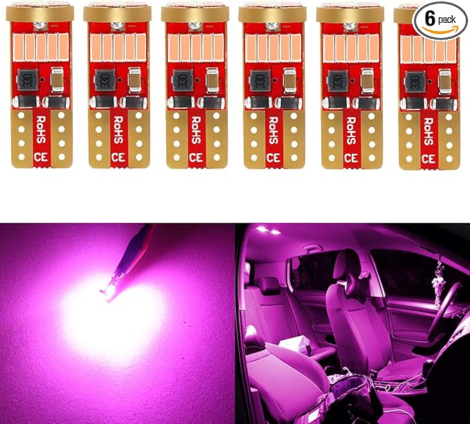 PHINLION 194 LED Bulb Super Bright Purple Pink 4014 Chipsets Wedge 168 2825 2827 T10 LED Replacement Bulbs for Car Interior Dome Map Reading Door Courtesy Trunk License Plate Lights, Pack of 6