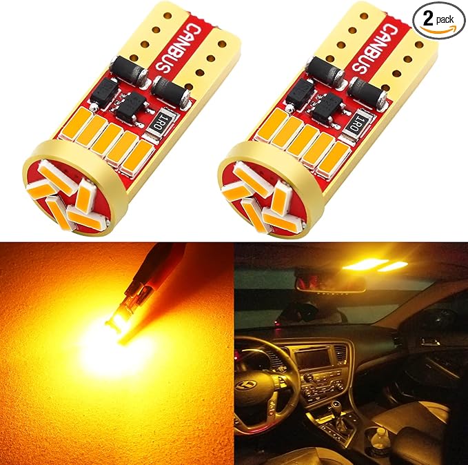 PHINLION 194 LED Bulb Amber Yellow Super Bright 168 2825 2827 T10 W5W Wedge LED Replacement Bulbs for Car License Plate Interior Dome Map Reading Courtesy Side Marker Lights, Pack of 2