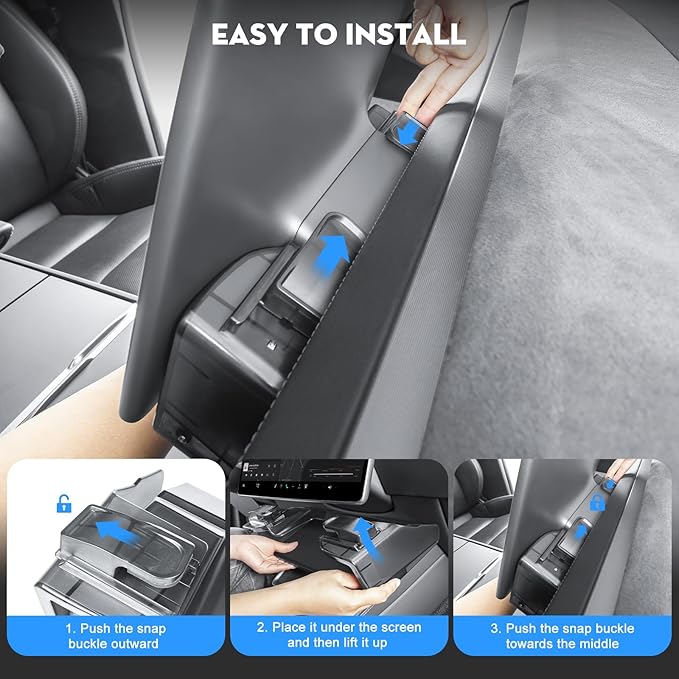 Under Screen Storage Organizer for 2026 New Model Y Juniper,[Retractable & Tool-Free] Under Screen Storage Box with Behind Screen Tissue Holder Compatible with Tesla 2025-2026 Model Y Juniper