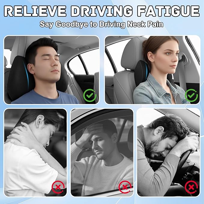 Arazi 2-Pack Car Headrest Pillow Memory Foam Car Neck Pillows for Driving with Adjustable Strap, Neck Support for Pain Relief, Breathable Removable Cover, Fit All Car Seats - Black