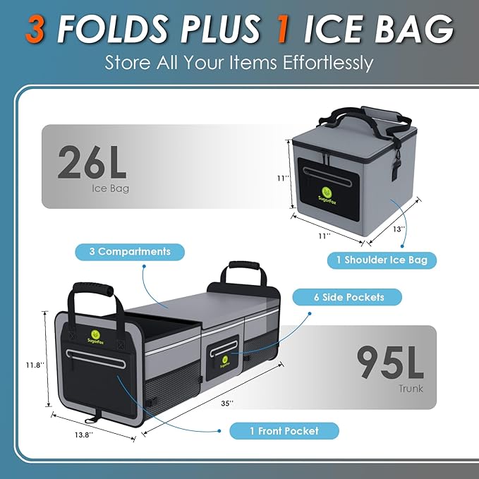95L Car Trunk Organizer & Storage With 26L Ice Pack, Waterproof Foldable | Trunk Organizers for SUVs & Cars, Car Storage Organizer, Great Gift for Drivers (Gray-M004)