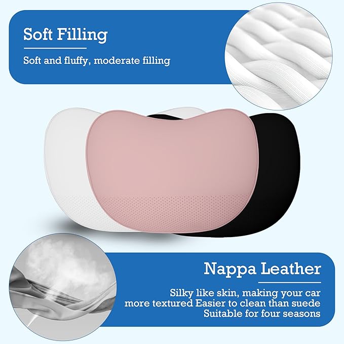Car Headrest Pillow Genuine Nappa Leather Softness Car Neck Pillow for Accessories Seat Headrest Pillow for Driving and Traveling, 2 Packs, Black