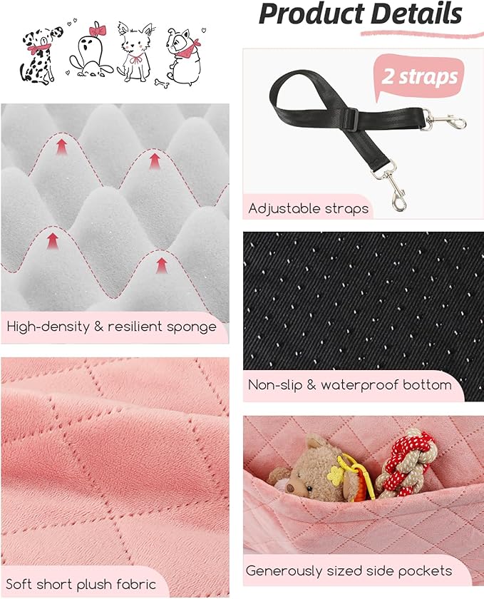 Dog Booster Car Seat for Small/Medium Dogs,Soft Puppy Portable Car Seat with Elevated Cushion,Fits in Front/Back Seat,Fully Detachable and Washable,Easy to Install (Pink, Medium)