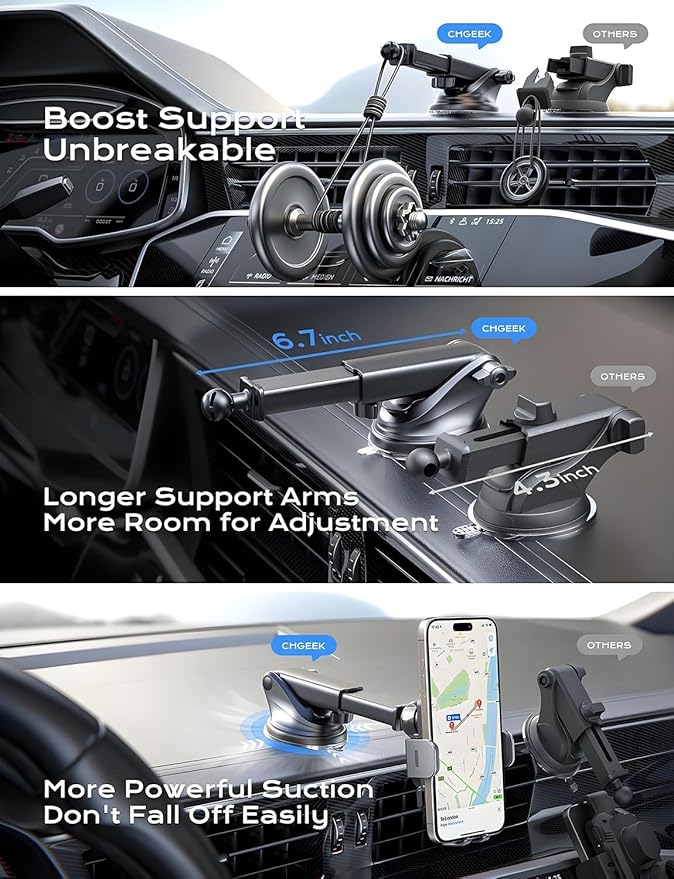 CHGeek Wireless Car Charger, 2026 Upgrade 15W Fast Charging Auto Clamping Car Phone Holder Charger, Phone Holders for car Mount, fit for iPhone 17 16 15 14 13 Mini Pro Max XR,Samsung Galaxy S25 Ultra