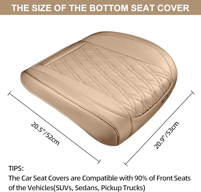 2PCS Nappa Leather Covers for Cars, Car Seat Cover Front Bottom Protector, Seat Cushion Without Backrest, Anti-Slip and Wrap Around The Bottom Fit Most Cars and Vehicles, Beige