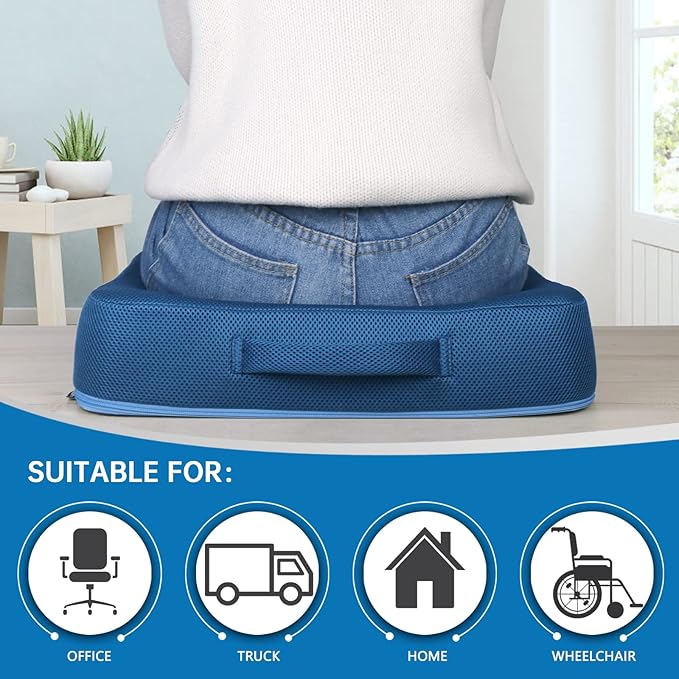 YOUFI Thick Memory Foam & Gel Seat Cushion, 18"X16"X4" Large Chair Cushion for Wheelchair Mobility Scooters, with Non-Slip Bottom and Carry Handle (Blue)