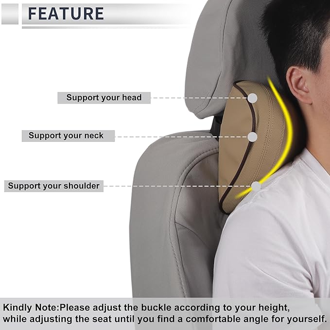 Car Headrest Pillow Ergonomic Comfortable Neck Support Pillow Nappa Leather and Memory Foam Adjustable Width Beige 1 Pc for Driving Travel