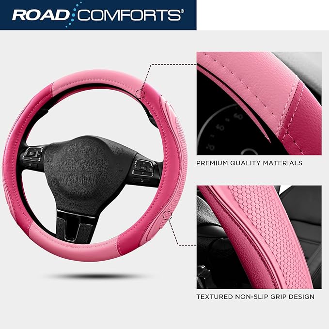 Road Comforts Car Steering Wheel Cover - Microfiber Leather Steering Wheel Wrap Sports 14.5-15 Inch Steering Wheel Cover Non-Slip for Men Women Pink & HotPink Color