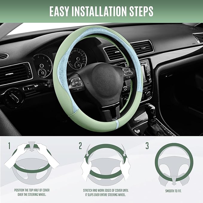 PIC AUTO Steering Wheel Cover, Light Blue Patterned & Green Leather Patchwork Design, Universal Fit 14.5"–15.5", Anti-Slip, Odor-Free, Soft Grain Leather, Durable Grip Car Accessory for Girls & Women