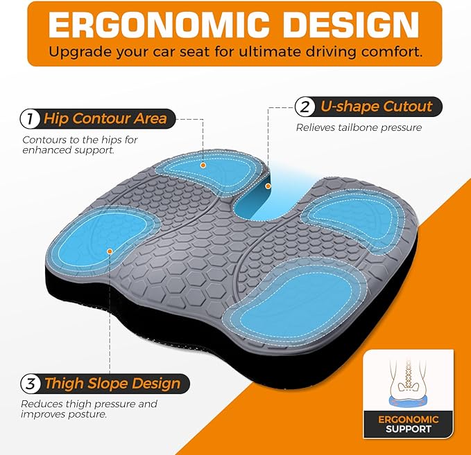 Kingfun Seat Cushion - Foam Seat Cushion for Office Chairs & Car Cooling Gel Memory - Seatssciatica & Hip & Coccyx Pain Relief Desk Chair Cushion for Long Sitting Office Workers, Gaming, Car Drivers