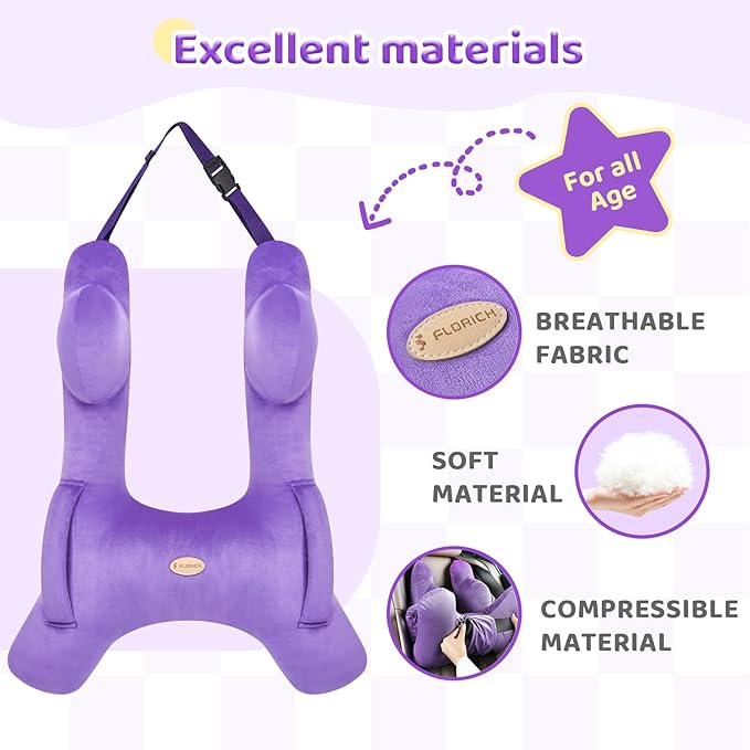 FLORICH Kids Travel Pillow, Car Sleeping Travel Pillow for Kids, Washable H-Shaped Pillow for Adults and Children to Support Head and Body for Road Trips Pillow for Car (Purple)