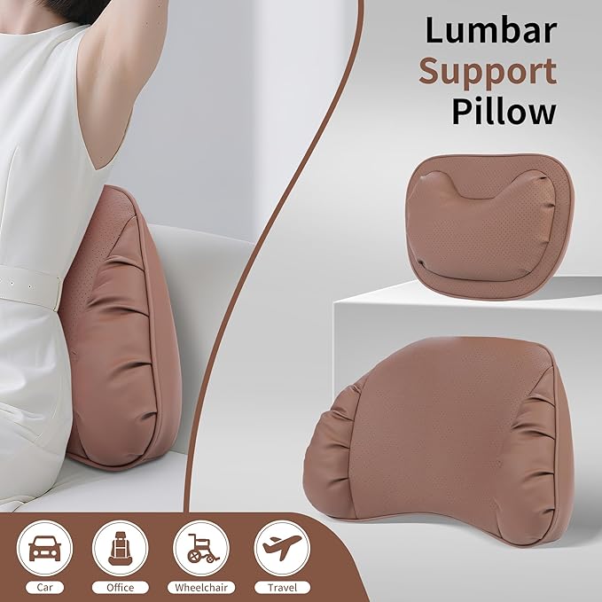 Lumbar Support Pillow for Car Seat, Memory Foam Leather Lumbar Pillow for Lower Back Pain Relief - Back Cushion for Driving - Chair Support for Office Chair, Gaming Chair, Brown, 1 Pack