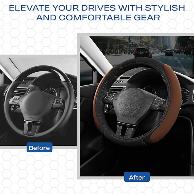 Skechers Steering Wheel Cover, Memory Foam Car Steering Wheel Cover,14.5-15inch Anti-Slip Safety Comfortable Desgin, Universal Accessory for Diverse Cars, Truck,SUV (Black &Brown)