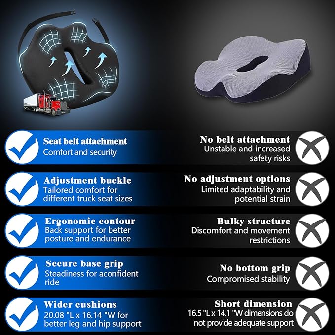 X-Large Seat Cushion for Truck Driver, Upgraded Cushion for Back Support and Pain Relief, Memory Foam with Non-Slip Washable Cover, Relieves Long-Term Truck Sitting and Pain Black