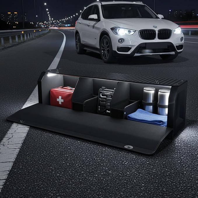 Car Trunk Storage Organizer with Light, Waterproof Trunk Organizer with Lid & Sturdy Handle, Leather SUV Cargo Storage Box Powered by 4 AA Batteries (Batteries Not Included) (37 inch)