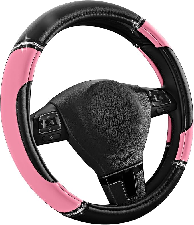 Road Comforts Leather Steering Wheel Cover - Made with PVC Leather - Anti-Slip, Universal Fit 14 1/2 inches to 15 inches - Pink