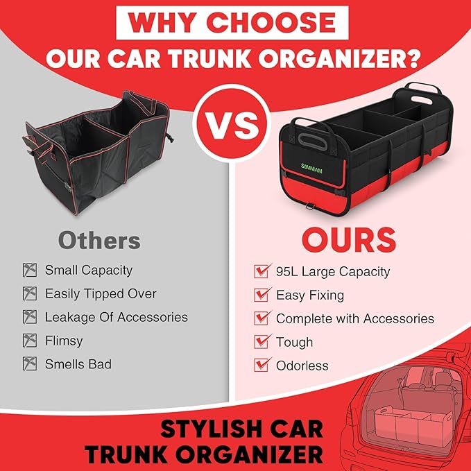 Simniam Large Trunk Organizer for Car, Foldable Multi Compartment Car Trunk Organizer with 2 Retractable Straps, Suitable for All Kinds of Cars, SUV, Minivan - 4 Compartments Red