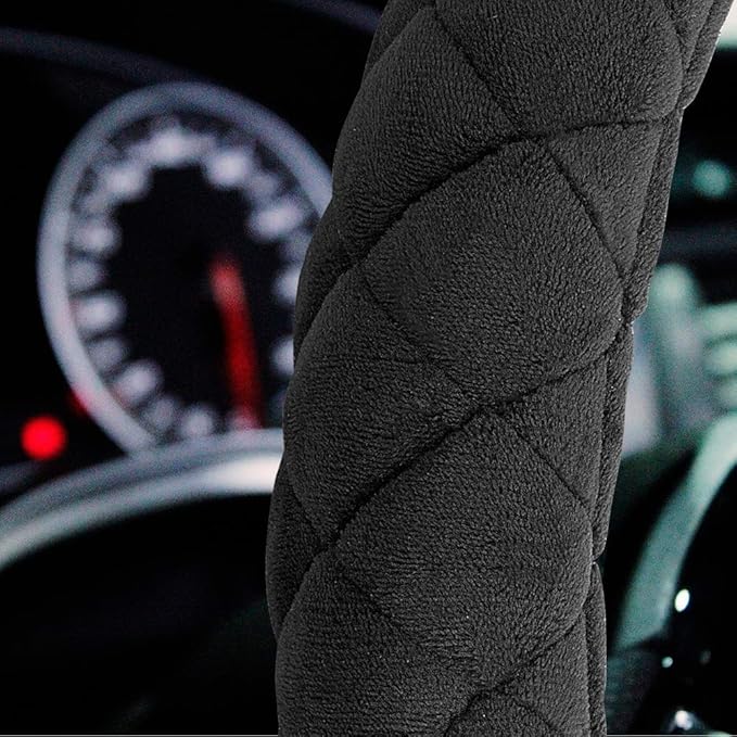 HAOKAY Luxury Fluffy Winter Steering Wheel Cover for Men Women,Soft Warm Short Plush Steering Wheel Cover Black Fuzzy with Universal 14.5-15 Inch