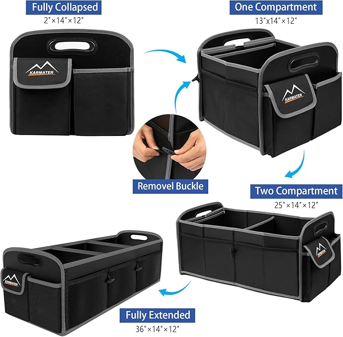 M KARMATER Car Trunk Organizer,Machine Washable PP Materials 3 Compartments Car Storage,95L Waterproof Polyester Cars Accessories Organizer and 6 Pockets, Suitable for SUV, Minivan, Truck(Black)