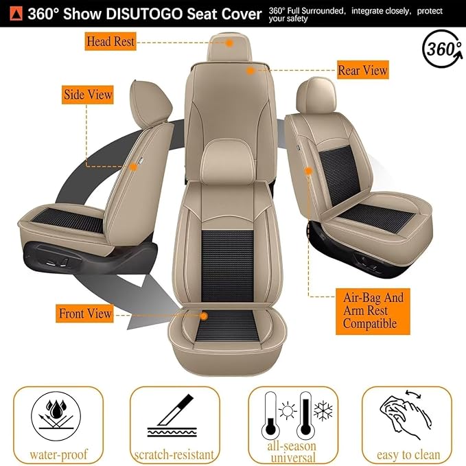 Breathable Ice Silk Seat Covers for Hyundai Venue 2020-2024 2025 - Waterproof Leather Car Cushions Anti-Slip Cooling Seat Covers Protector(5 Seats - Beige&Grey)