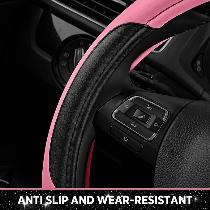 Road Comforts Leather Steering Wheel Cover - Made with PVC Leather - Anti-Slip, Universal Fit 14 1/2 inches to 15 inches - Pink