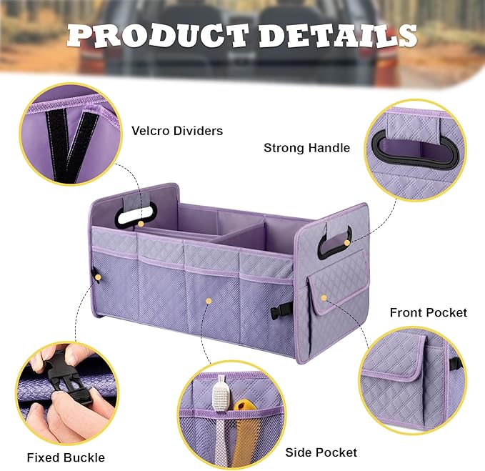 JiatuA Car Trunk Organizers and Storage for SUV, Collapsible Multi Compartment Container Box Adjustable Car Accessories for Women Men, Light Purple