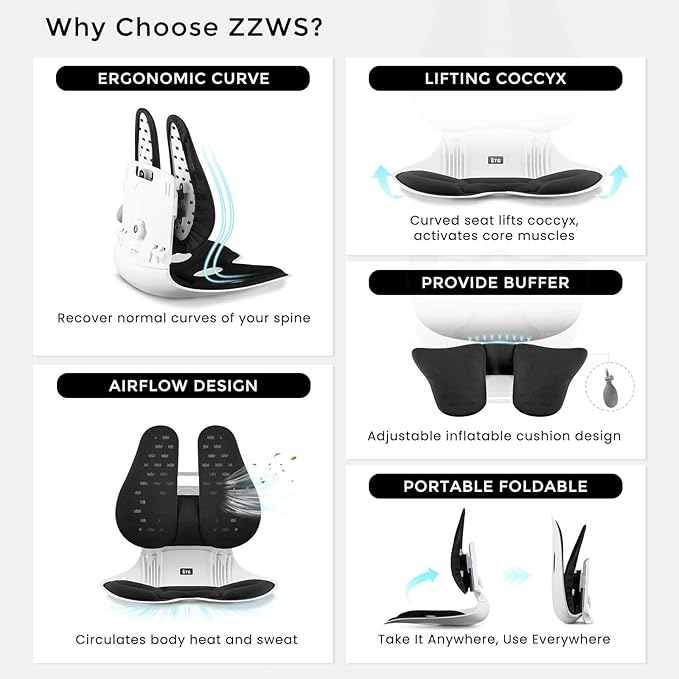 ZZWS Ergonomic Back Support, Foldable Chair Back Support with Adjustable Inflatable Lumbar Cushion Ideal for Students Office Workers Nursing Mothers Long Sitting Outdoor Fishing Floor