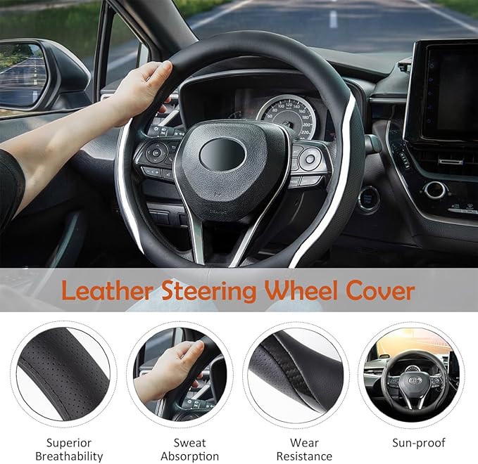 Steering Wheel Cover Black White, Carbon Fiber Car Steering Wheel Covers with Coasters Universal 14.5-15 inch Leather Microfiber Breathable Anti-Slip Steering Wheel Accessories Set