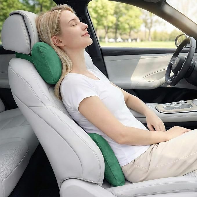 2PCS Car Pillow for Car Neck Pillow for Driving Seat Lumbar Support Soft Cushion with Extra Filling Accessories Back Support for Travel Nap and Trips Sleeping (Green, Head and Lumbar)