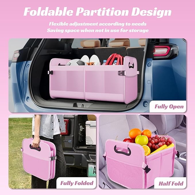 Sposuit Trunk Organizer for Car - 70L Collapsible Car Storage with 11 Pockets & Reinforced Handles, SUV Trunk Organizers for Grocery Cargo(Pink)