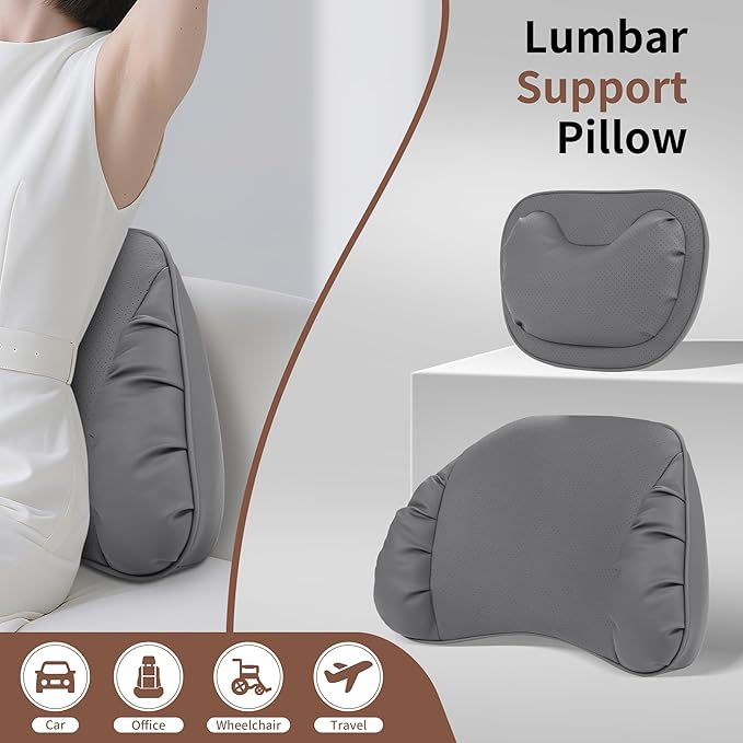 Lumbar Support Pillow for Car Seat, Memory Foam Leather Lumbar Pillow for Lower Back Pain Relief - Back Cushion for Driving - Chair Support for Office Chair, Gaming Chair, Gray, 1 Pack