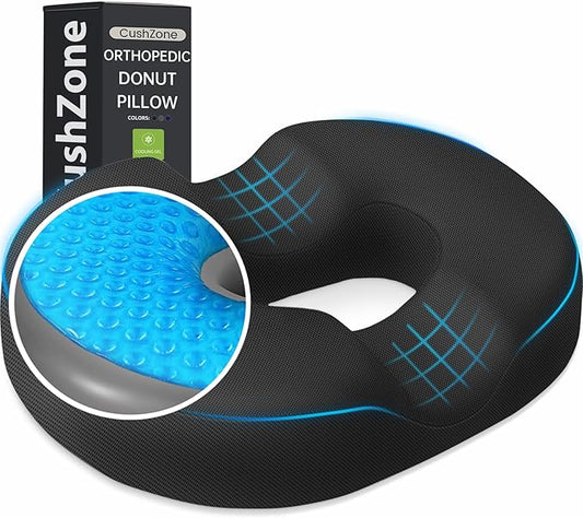 Donut Pillow Seat Cushion - Cooling Gel Floor Pillow, Memory Foam Floor Cushion for Office & Home, Car Seat, Hemorrhoids Pillow, Sciatica & Tailbone Pain Relief Chair Cushion, Black-XXL