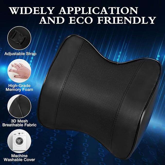 2 Pack Car Neck Pillow, Softness Leather Car Headrest Pillow, 100% Memory Foam and Breathable Removable Cover, Neck Support Head Pillow for Ergonomic Design (Black)