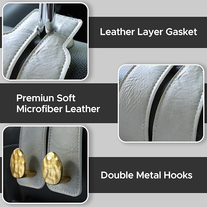 2PCS Leather Car Seat Hooks for Headrest, Vehicle Hanger Storage Organizer Universal for Handbag Purse, Car Accessories Gift (Grey-Gold)