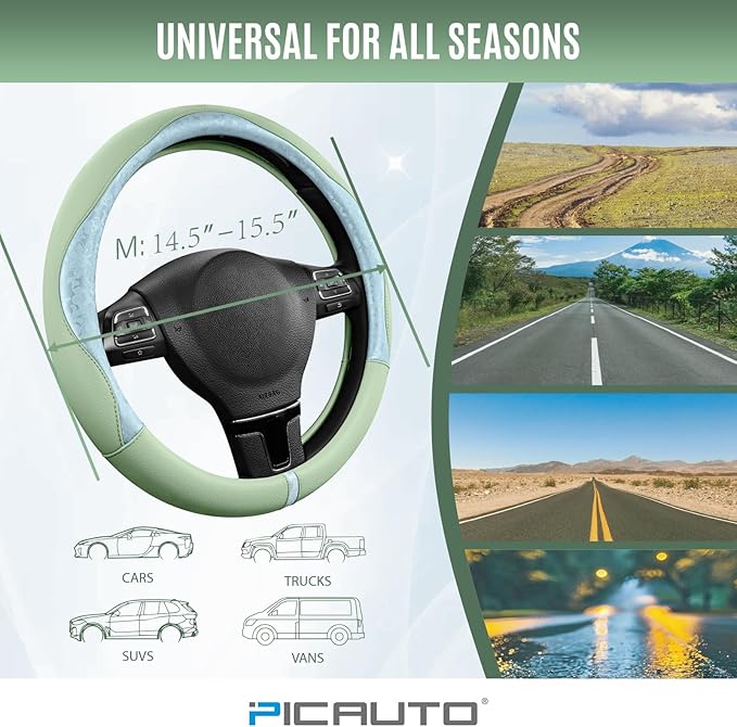 PIC AUTO Steering Wheel Cover, Light Blue Patterned & Green Leather Patchwork Design, Universal Fit 14.5"–15.5", Anti-Slip, Odor-Free, Soft Grain Leather, Durable Grip Car Accessory for Girls & Women