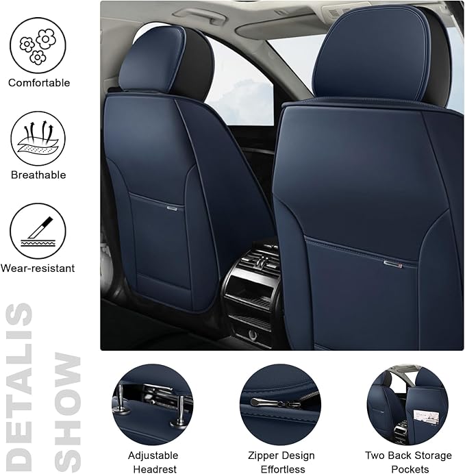 2 Car Seat Covers for Chrysler Pacifica 2004-2026 Breathable Leather,Waterproof Car Seat Protectors with Comfort Headrest Pillows,Automotive Vehicle Cushion with Storage Pockets (Luxury,Blue)