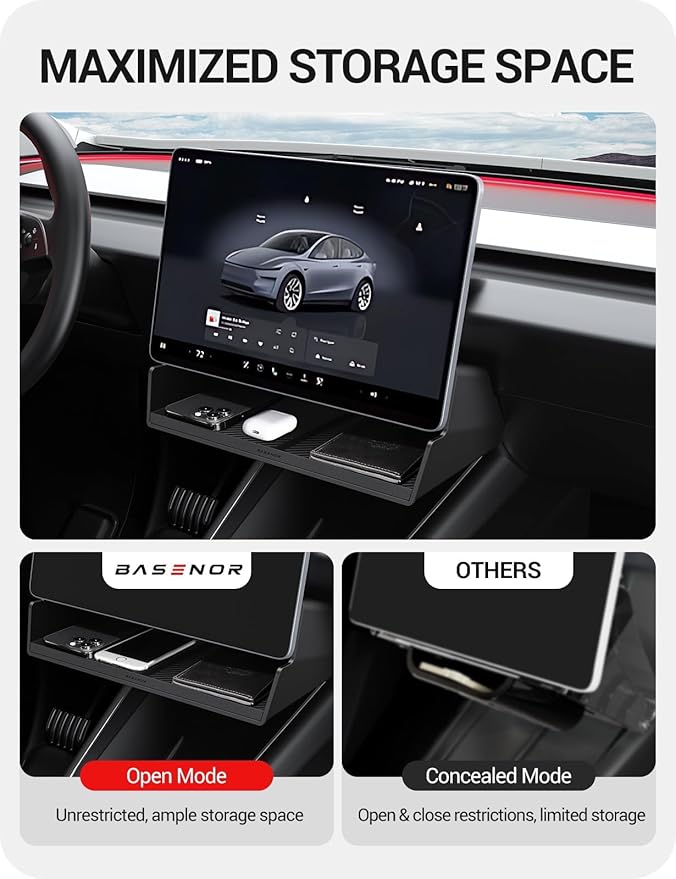 BASENOR 2026 Tesla Model Y Model 3 Under Screen Storage Box [100% Secure] Center Console Organizer Tray for Model Y Juniper 2025 2026 Model 3 Highland 2024 2025 2026 (Standard, Premium & Performance)