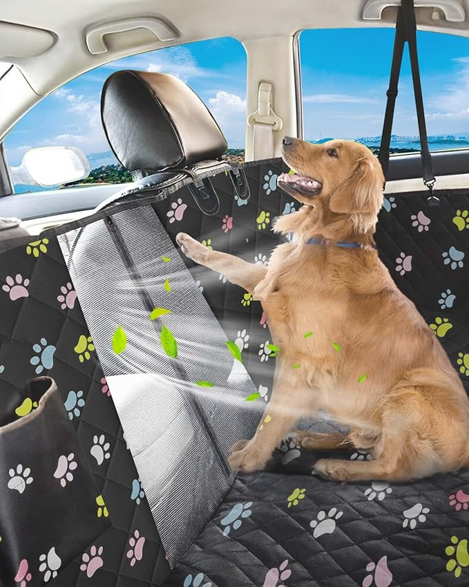 Dog Car Seat Cover, 600D Heavy Durable Dogs Seat Cover for Back Seat, 100% Waterproof Scratch Proof Nonslip Dog Hammock for Car with Side Flap, Pet Seat Covers with SeatBelt for Cars Sedan SUV Trucks