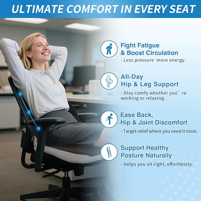 Premium Car Cushions for Driving – Versatile Seat Cushion for Truck Driver& Office Chair, Memory Foam Driver Seat Cushion with Back Support & Non-Slip Base，with Adjustable Strap