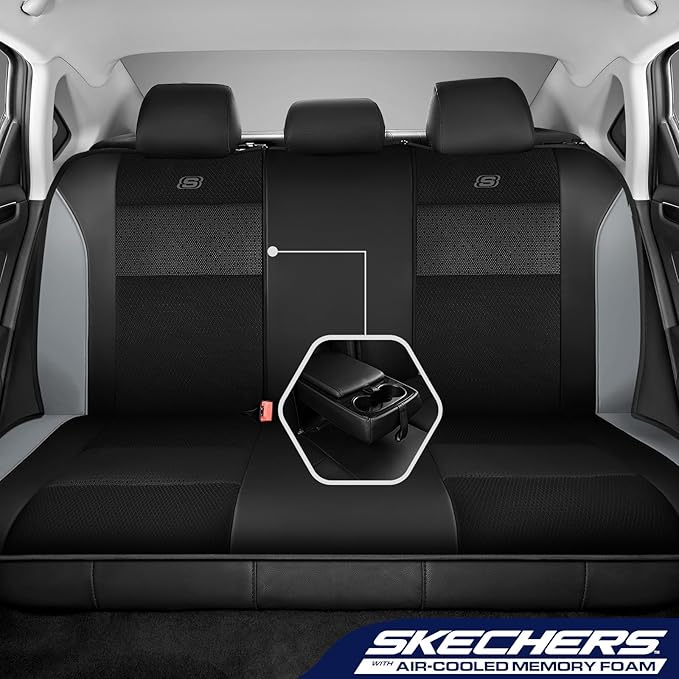 Skechers Aircooled & Memory Foam Seat Covers,Premium Leather with EVA Mesh Car Seat Covers,Seat Cover Full Sets,Airbag Compatible Automotive Comfort for Most Cars, Vans, Trucks, SUV,Grey