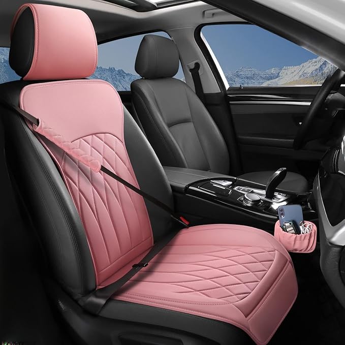 1 Pack Leather Front Car Seat Cover, Universal Sideless Car Seat Protector with Storage Pocket and Seat Belt Pad, Waterproof Automotive Seat Cover Cars Trucks SUV(Pink)